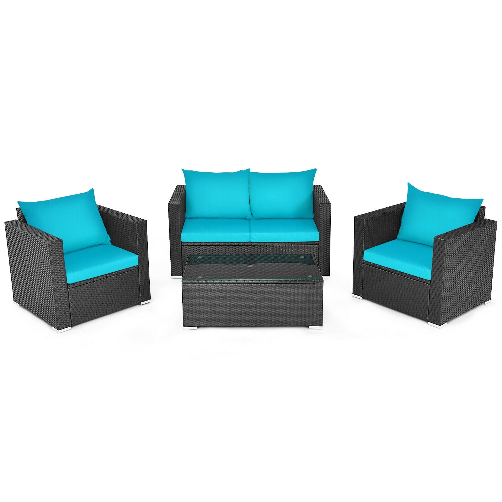 4Pcs Patio Rattan Cushioned Furniture Set-TurquoiseÂ