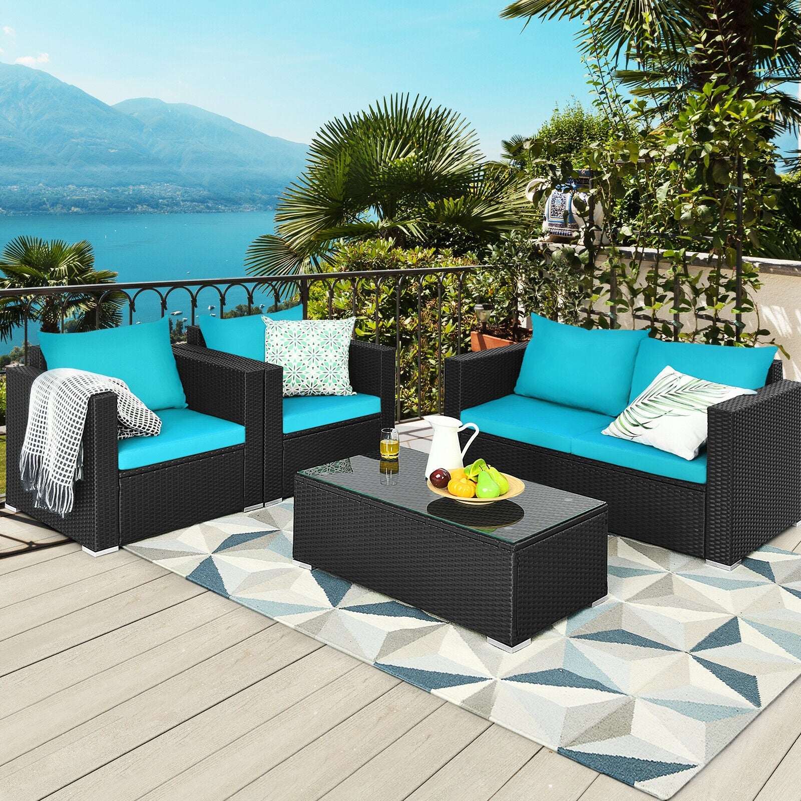 4Pcs Patio Rattan Cushioned Furniture Set-TurquoiseÂ