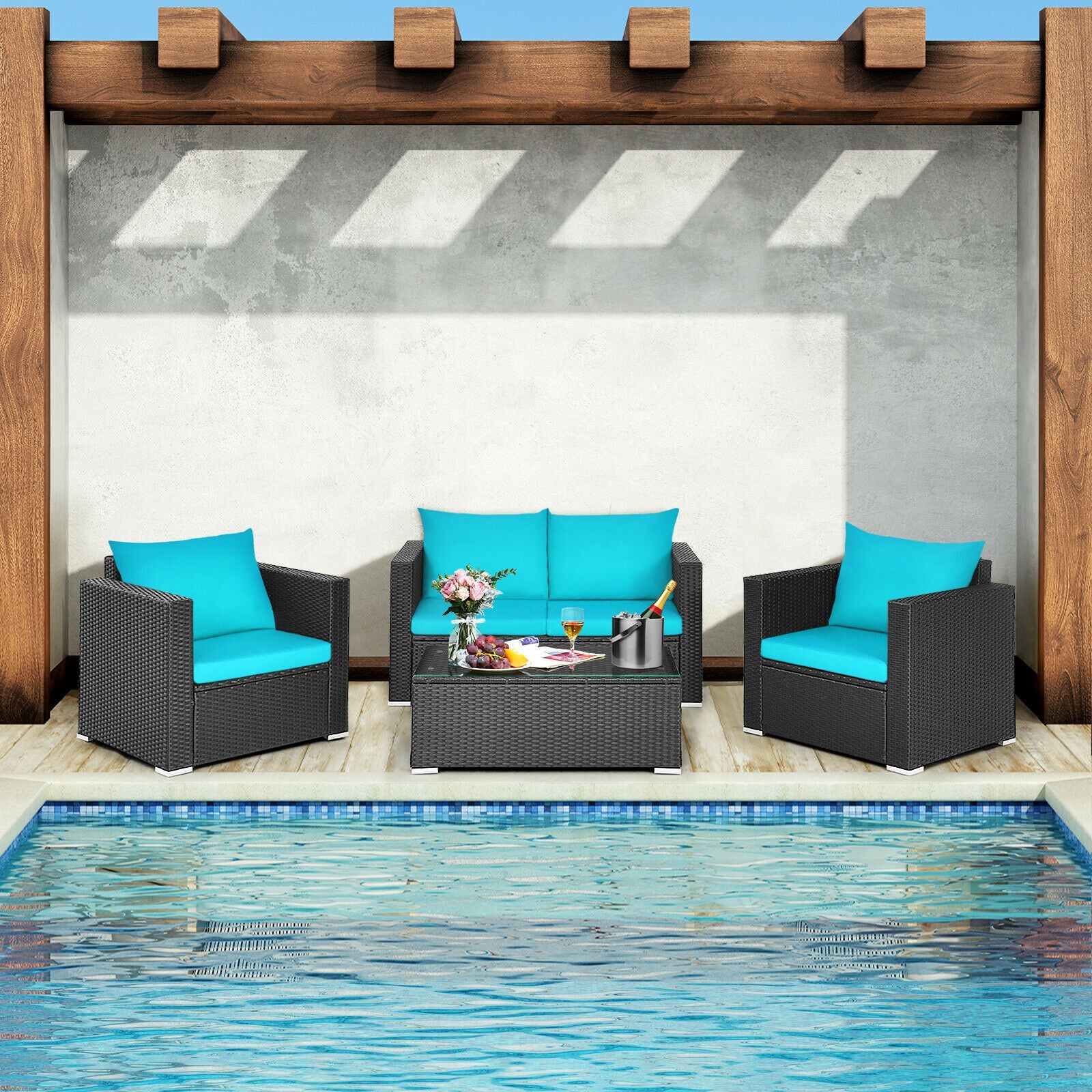 4Pcs Patio Rattan Cushioned Furniture Set-TurquoiseÂ