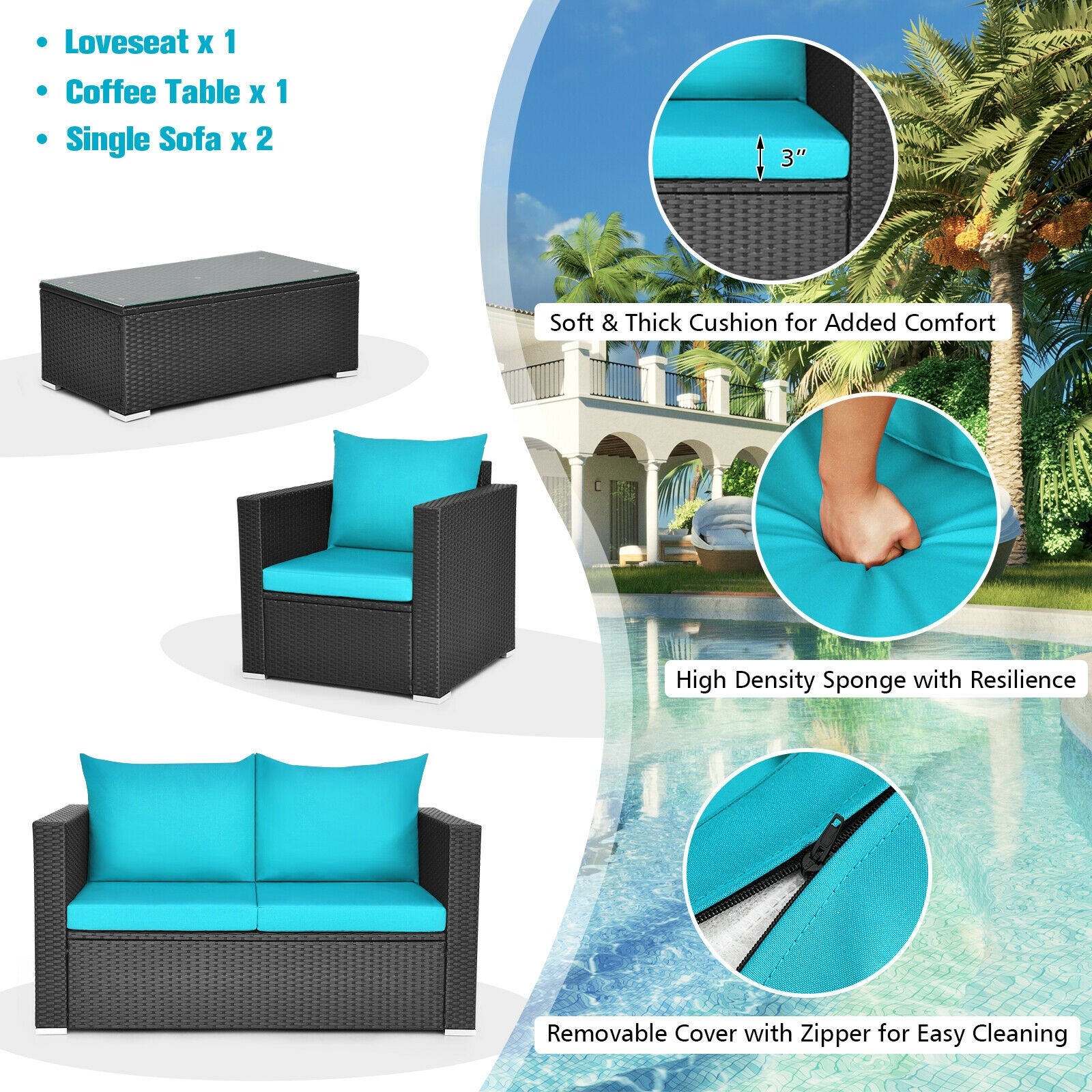 4Pcs Patio Rattan Cushioned Furniture Set-TurquoiseÂ