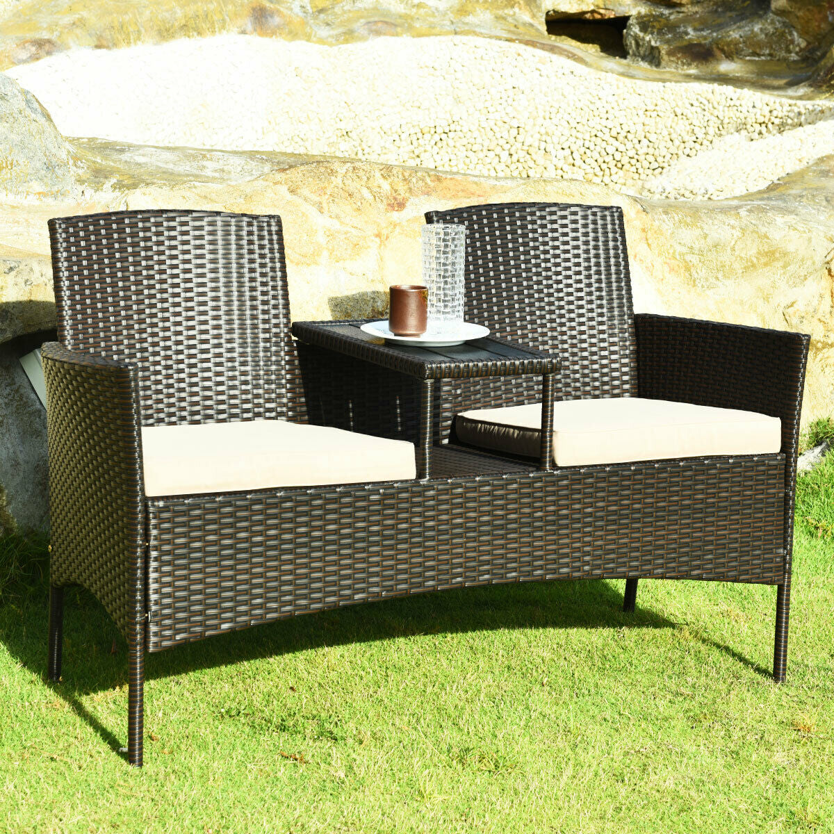 Modern Patio Conversation Set with Built-in Coffee Table and Cushions-BeigeÂ