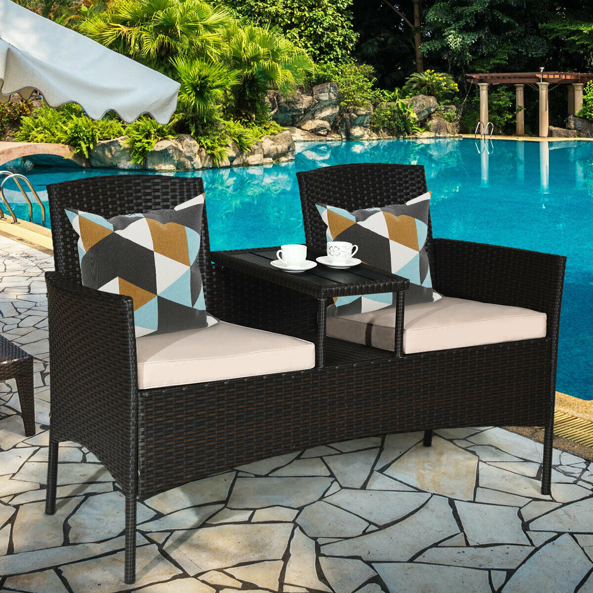 Modern Patio Conversation Set with Built-in Coffee Table and Cushions-BeigeÂ