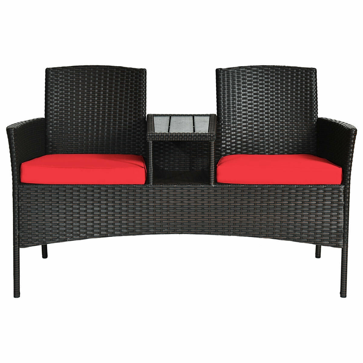 Modern Patio Conversation Set with Built-in Coffee Table and Cushions -RedÂ