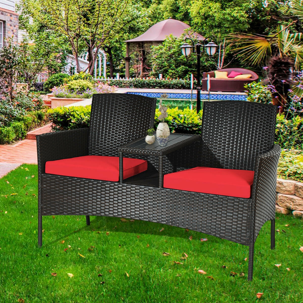 Modern Patio Conversation Set with Built-in Coffee Table and Cushions -RedÂ