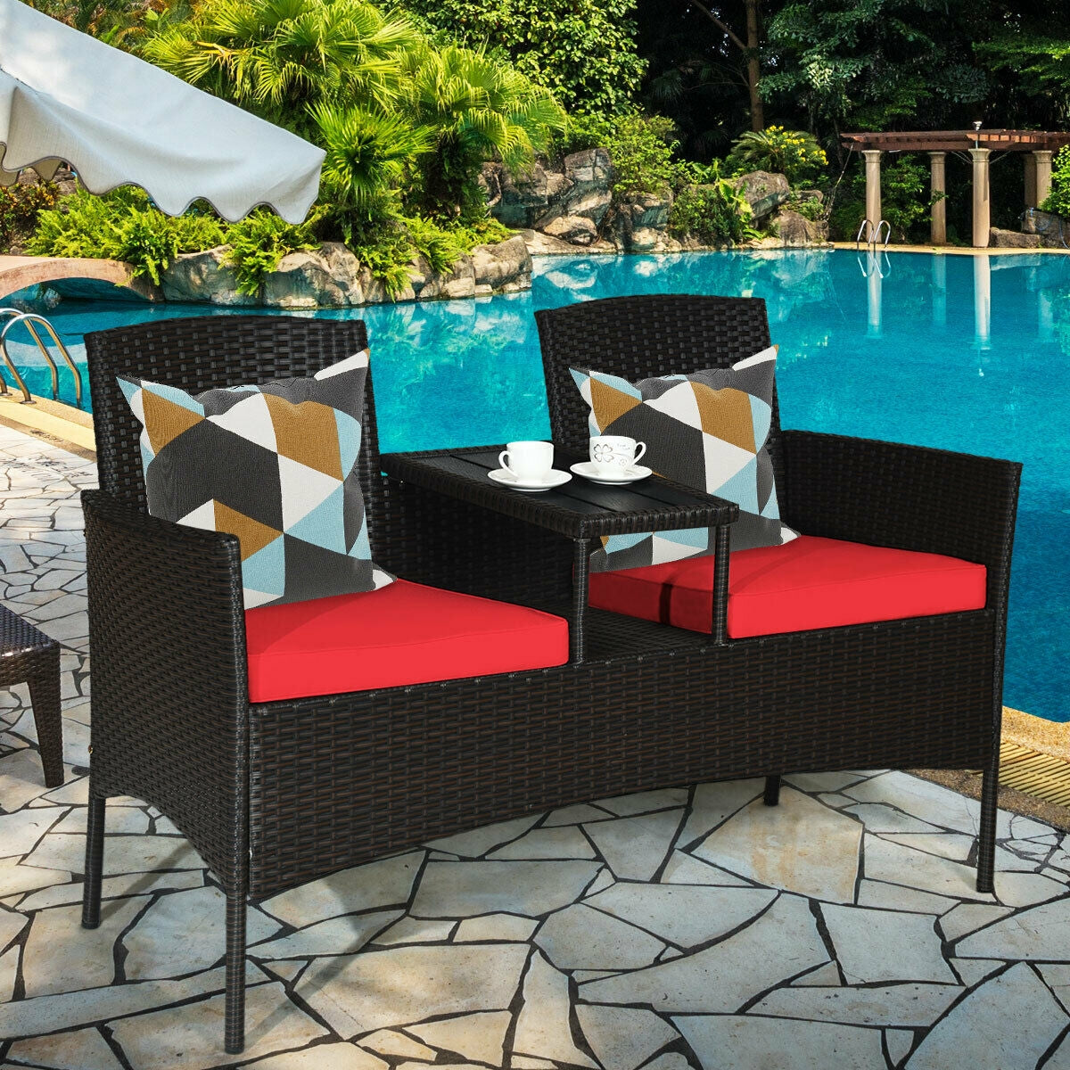 Modern Patio Conversation Set with Built-in Coffee Table and Cushions -RedÂ