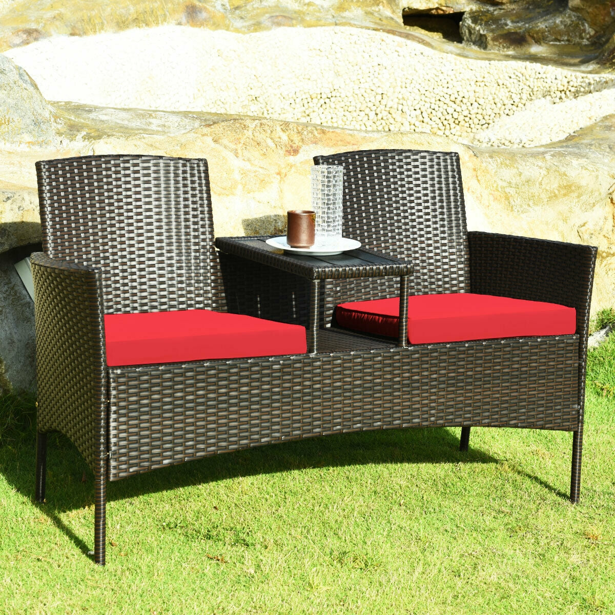 Modern Patio Conversation Set with Built-in Coffee Table and Cushions -RedÂ