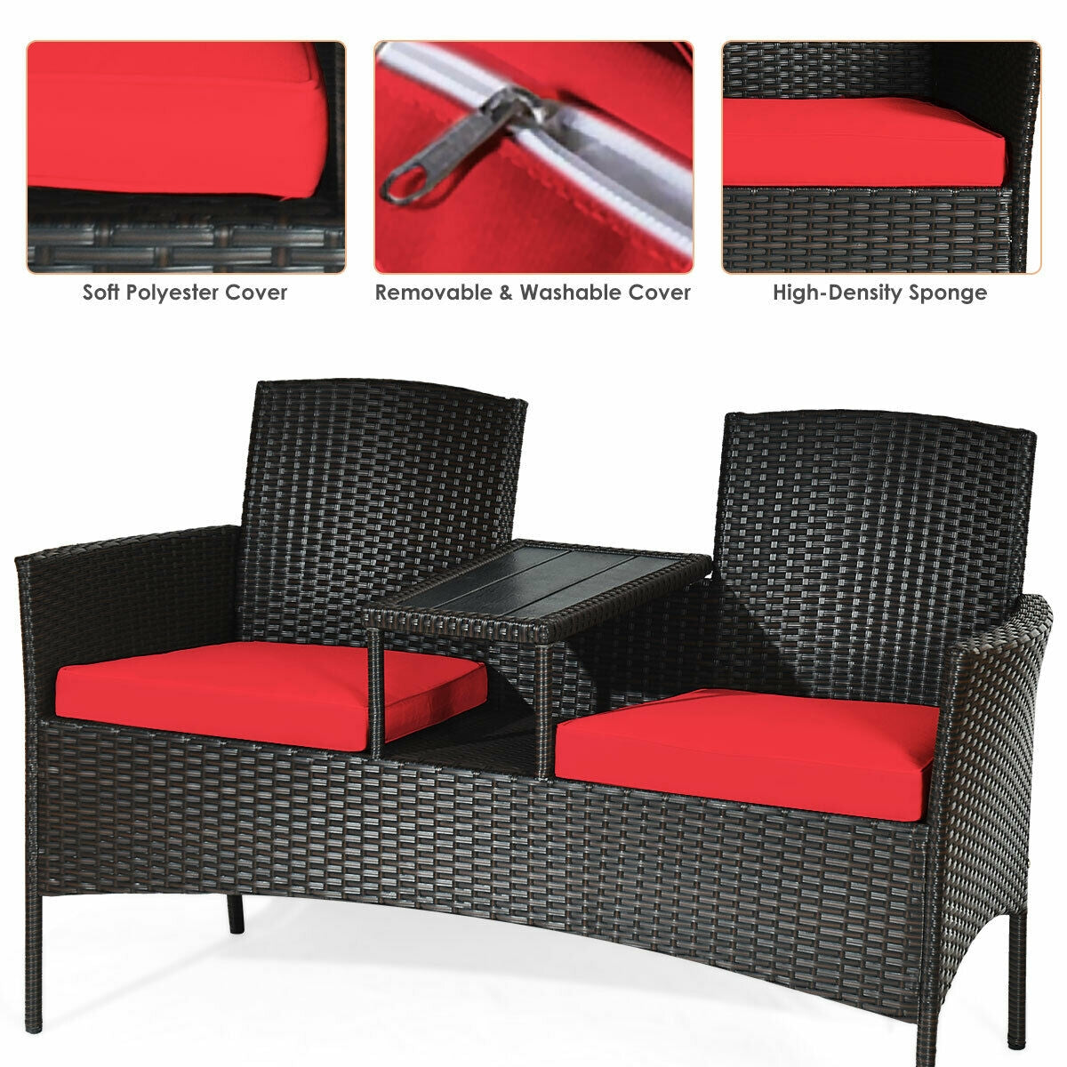 Modern Patio Conversation Set with Built-in Coffee Table and Cushions -RedÂ