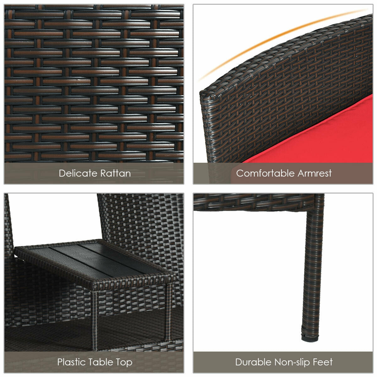 Modern Patio Conversation Set with Built-in Coffee Table and Cushions -RedÂ