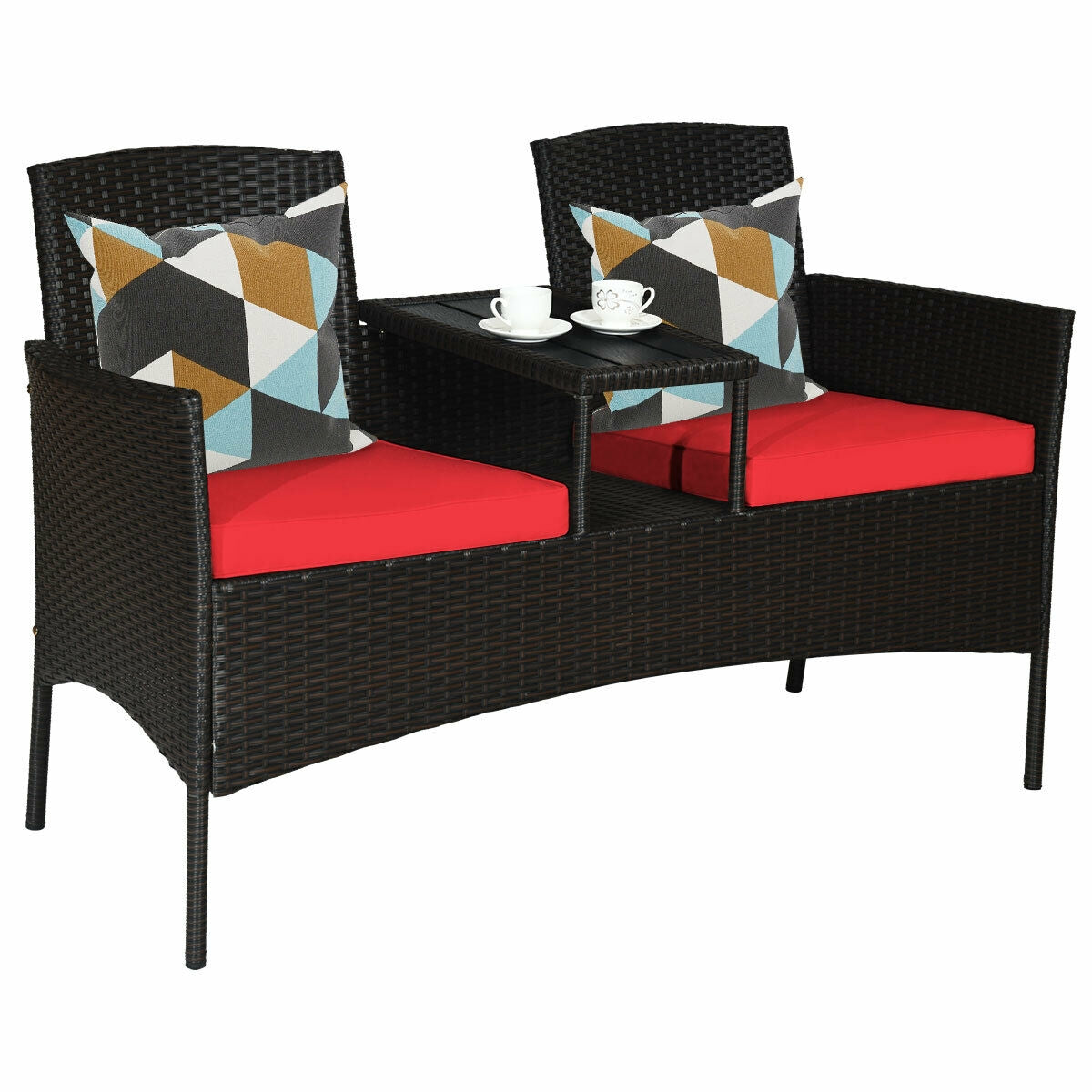 Modern Patio Conversation Set with Built-in Coffee Table and Cushions -RedÂ