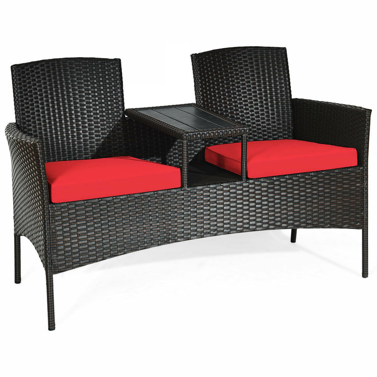 Modern Patio Conversation Set with Built-in Coffee Table and Cushions -RedÂ