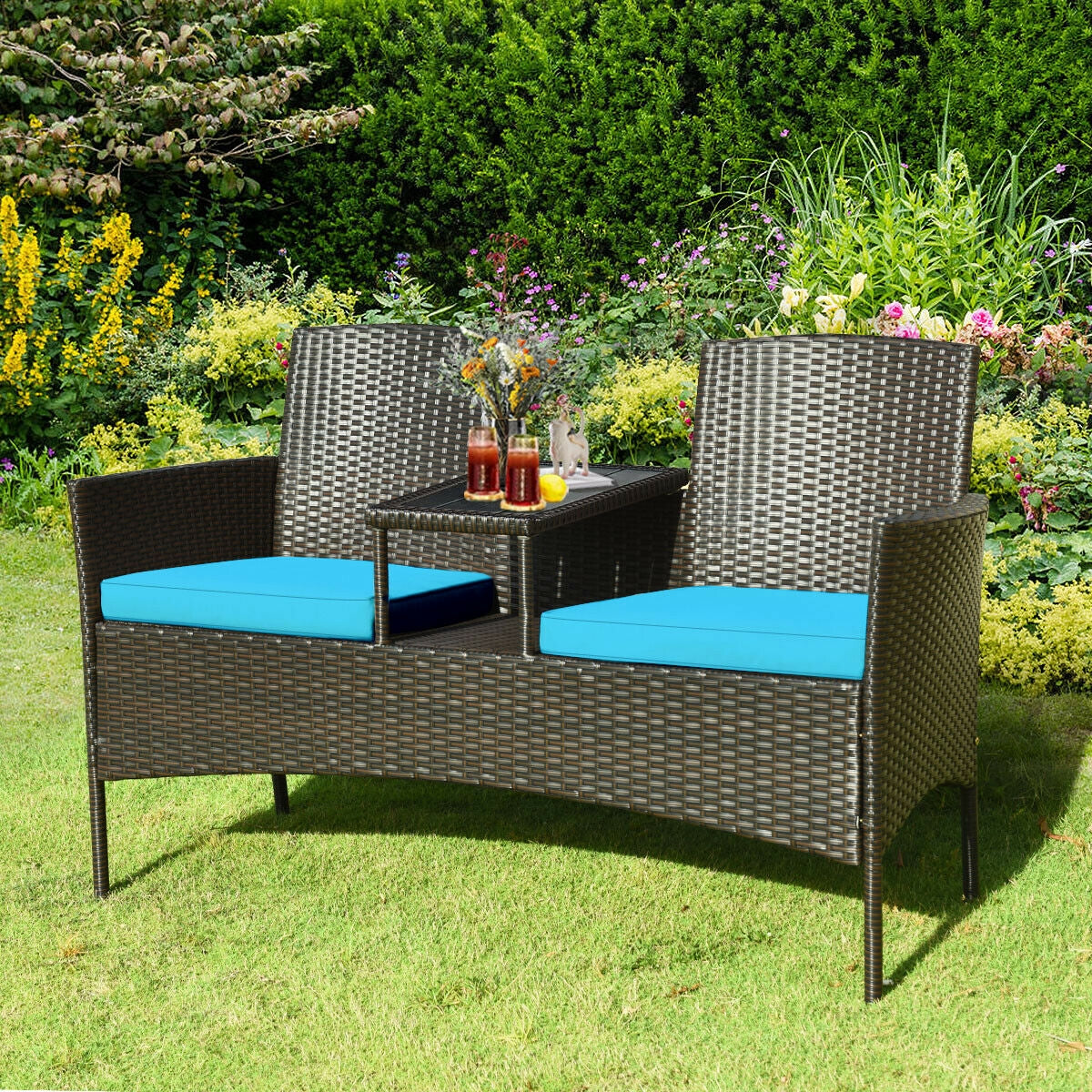 Modern Patio Conversation Set with Built-in Coffee Table and Cushions -TurquoiseÂ