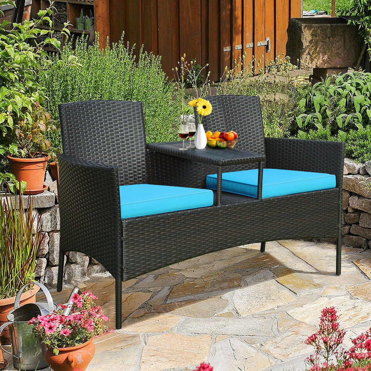 Modern Patio Conversation Set with Built-in Coffee Table and Cushions -TurquoiseÂ
