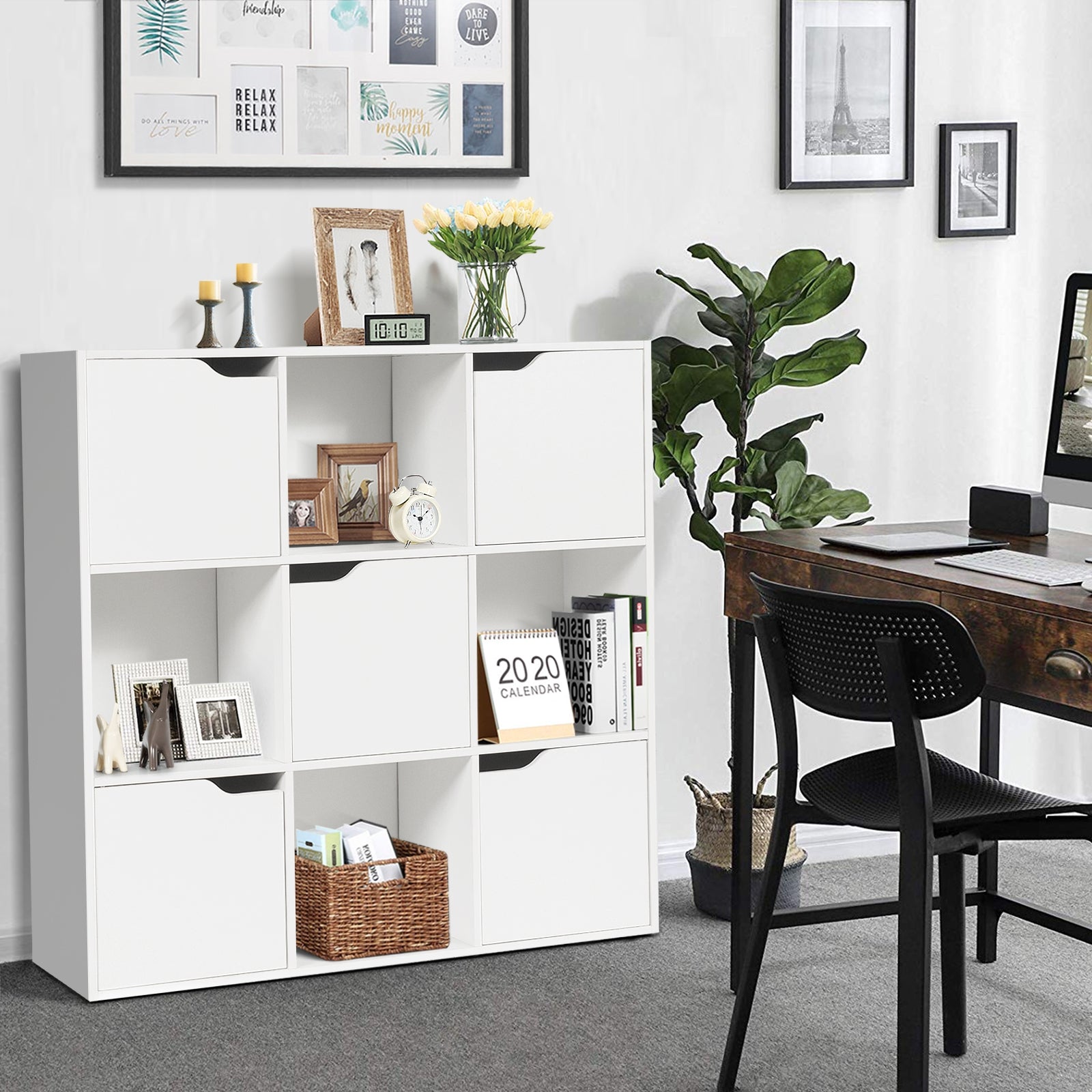 Free Standing 9 Cube Storage Wood Divider Bookcase for Home and Office-WhiteÂ