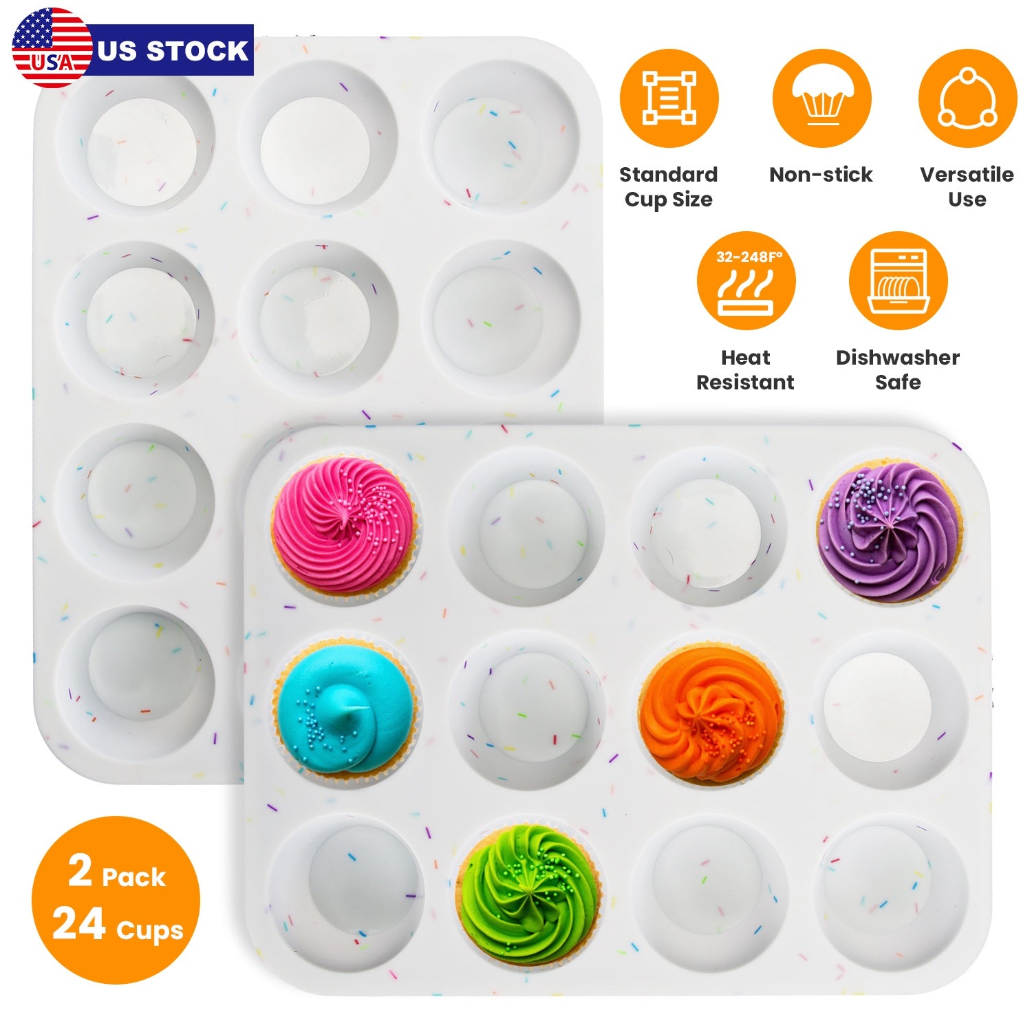 2 Pack 12 Cups Silicone Muffin Pans Nonstick Cupcake Tins Trays Regular Size Cupcake Molds Heat Resistant Oven Microwave Fridge Freezer Dishwasher Saf