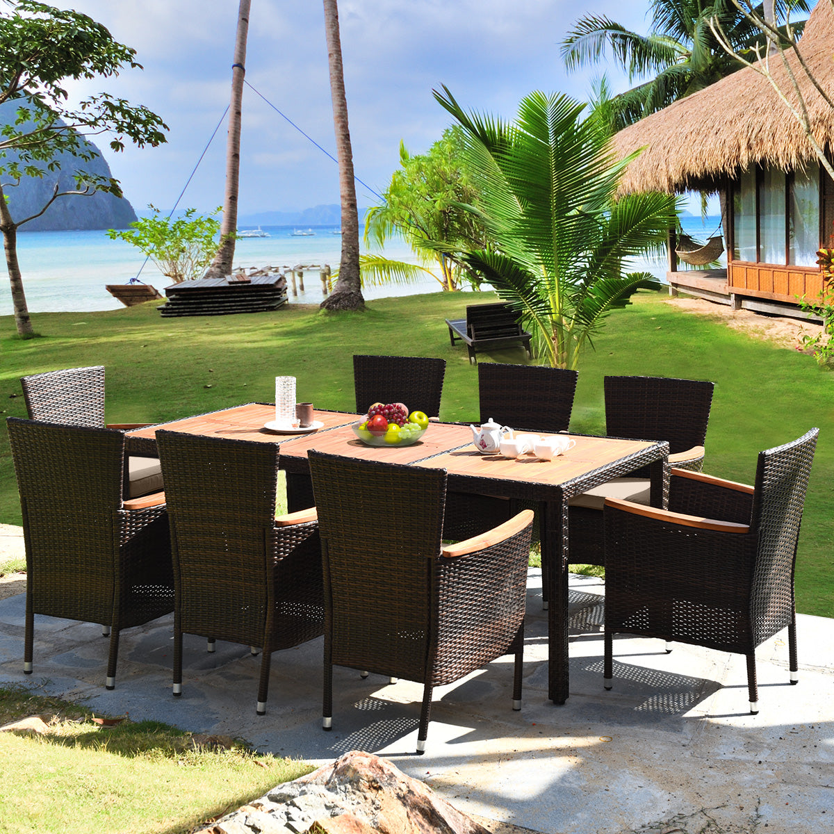 9 Pieces Rattan Dining Set with Acacia Wood Table and Stackable Cushioned ChairsÂ