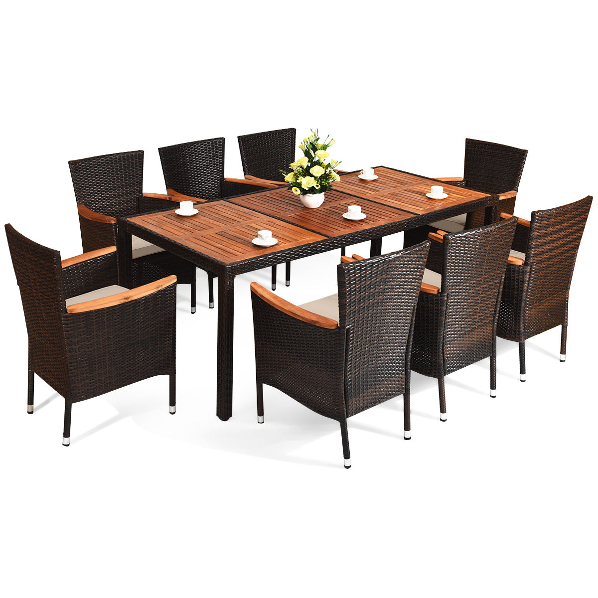 9 Pieces Rattan Dining Set with Acacia Wood Table and Stackable Cushioned ChairsÂ