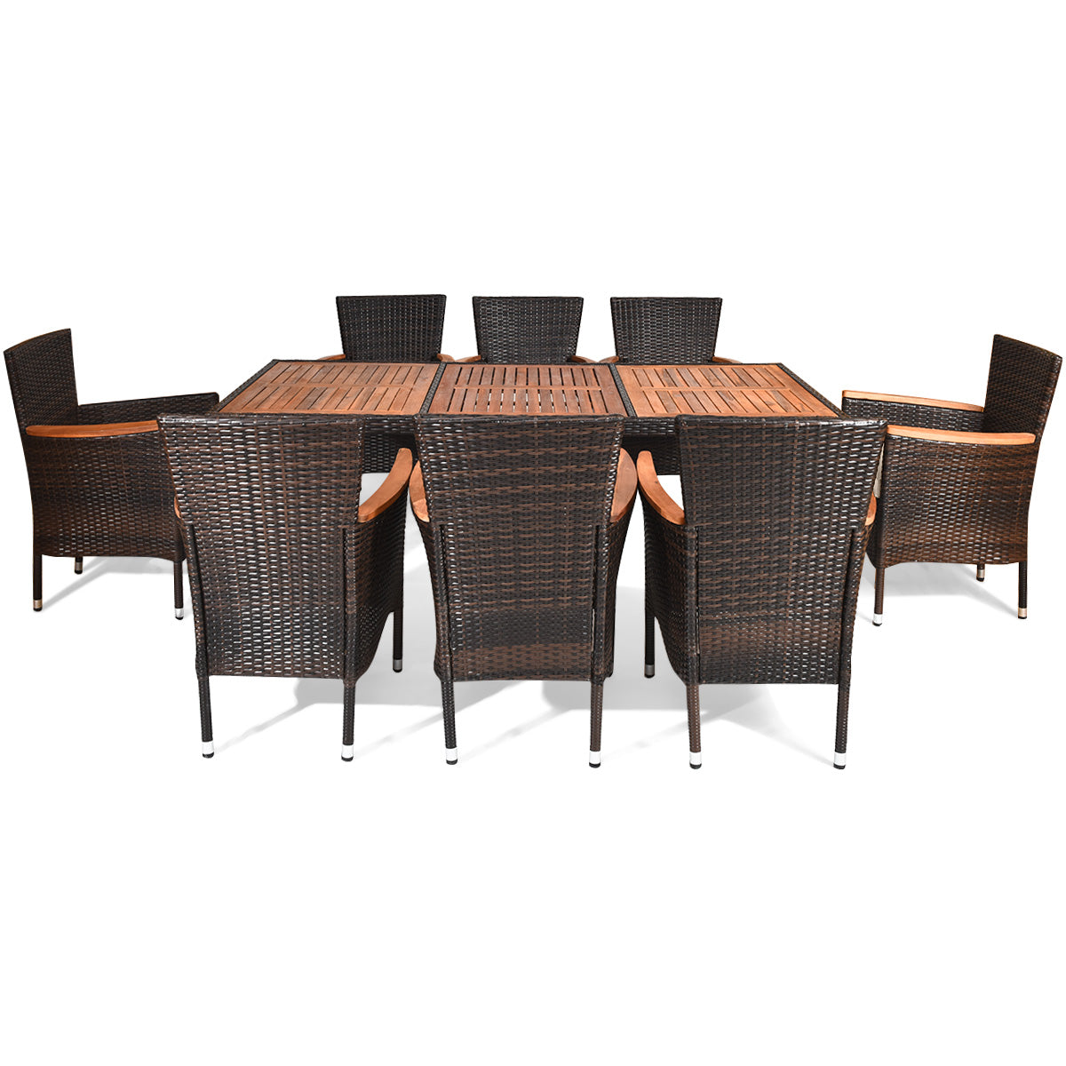 9 Pieces Rattan Dining Set with Acacia Wood Table and Stackable Cushioned ChairsÂ