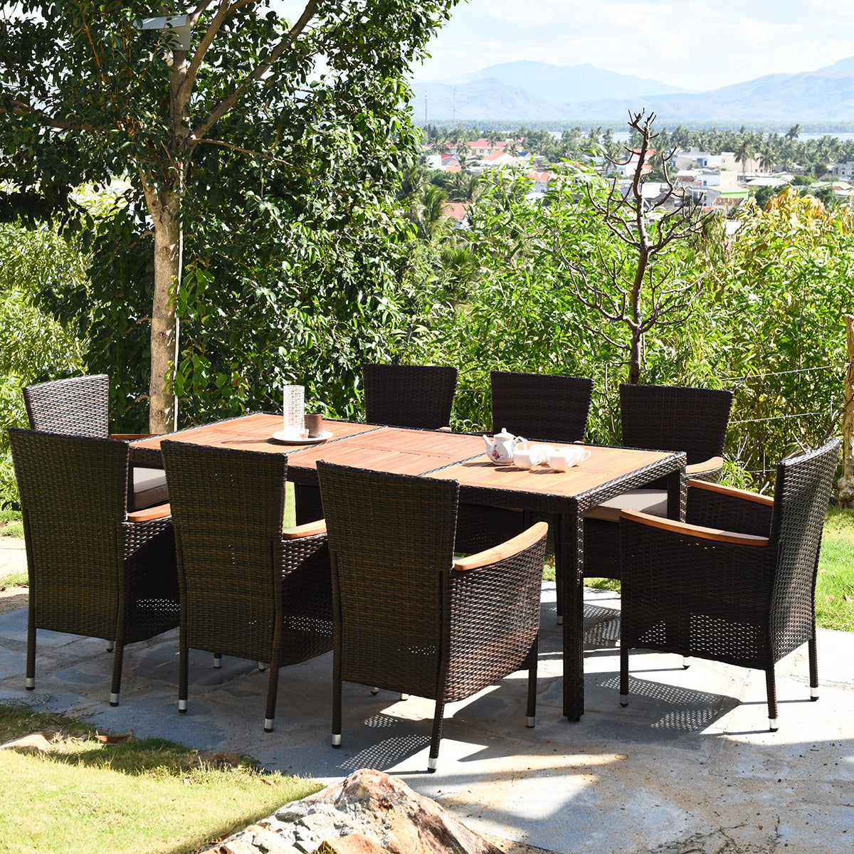 9 Pieces Rattan Dining Set with Acacia Wood Table and Stackable Cushioned ChairsÂ
