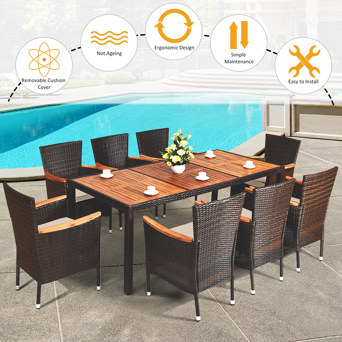 9 Pieces Rattan Dining Set with Acacia Wood Table and Stackable Cushioned ChairsÂ