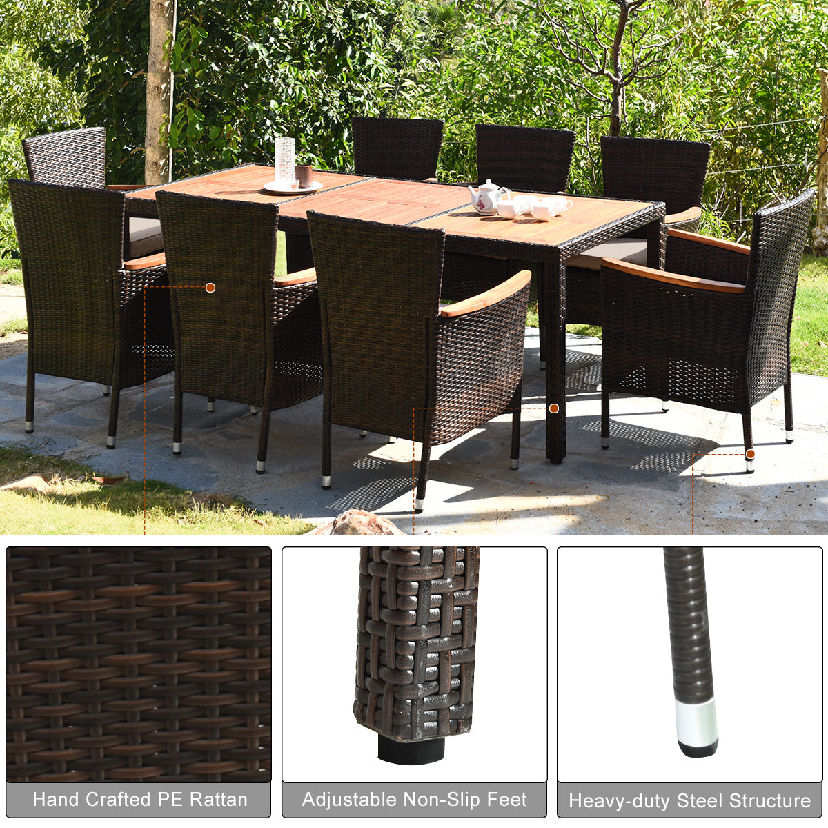 9 Pieces Rattan Dining Set with Acacia Wood Table and Stackable Cushioned ChairsÂ
