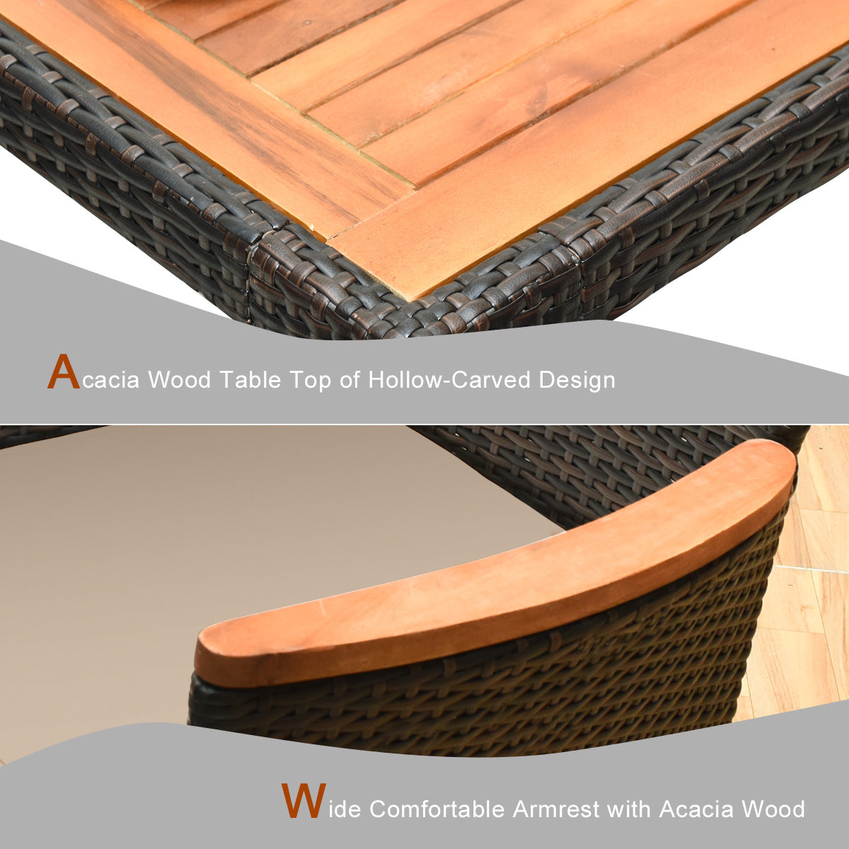 9 Pieces Rattan Dining Set with Acacia Wood Table and Stackable Cushioned ChairsÂ