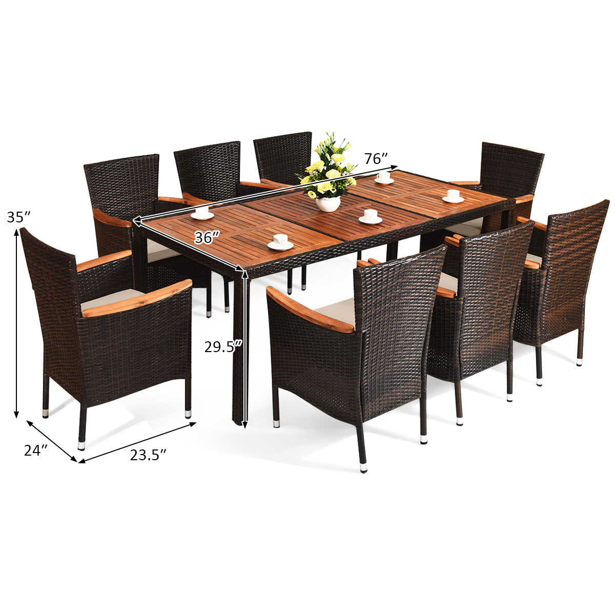 9 Pieces Rattan Dining Set with Acacia Wood Table and Stackable Cushioned ChairsÂ