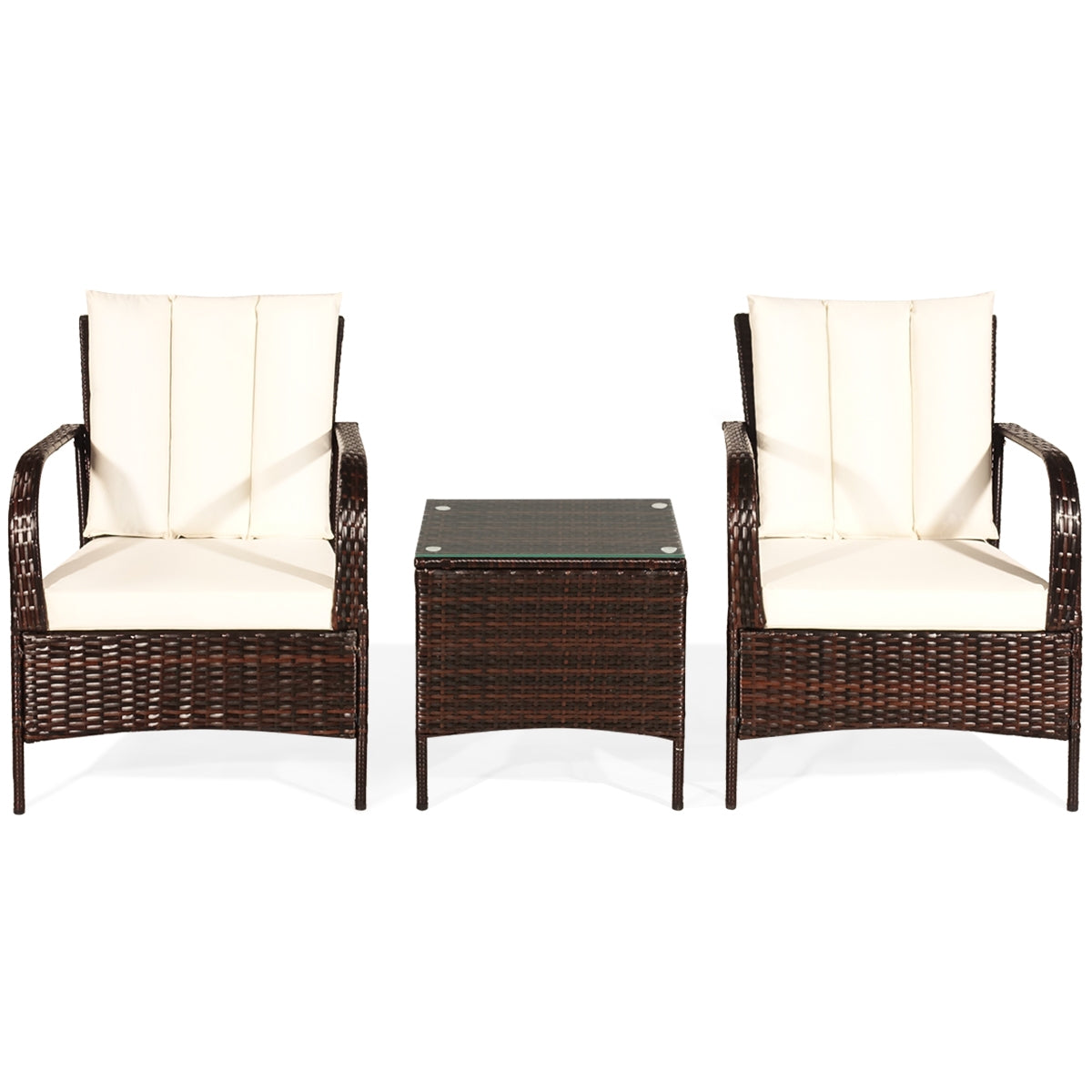 3 Pieces Patio Conversation Rattan Furniture Set with Cushions-WhiteÂ