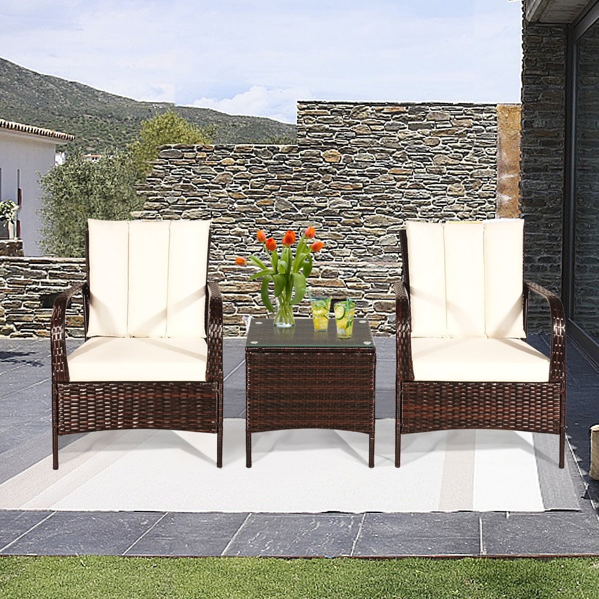 3 Pieces Patio Conversation Rattan Furniture Set with Cushions-WhiteÂ