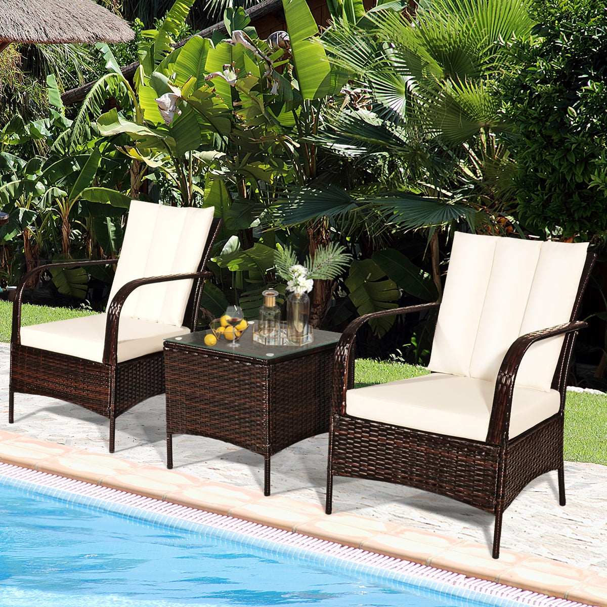 3 Pieces Patio Conversation Rattan Furniture Set with Cushions-WhiteÂ
