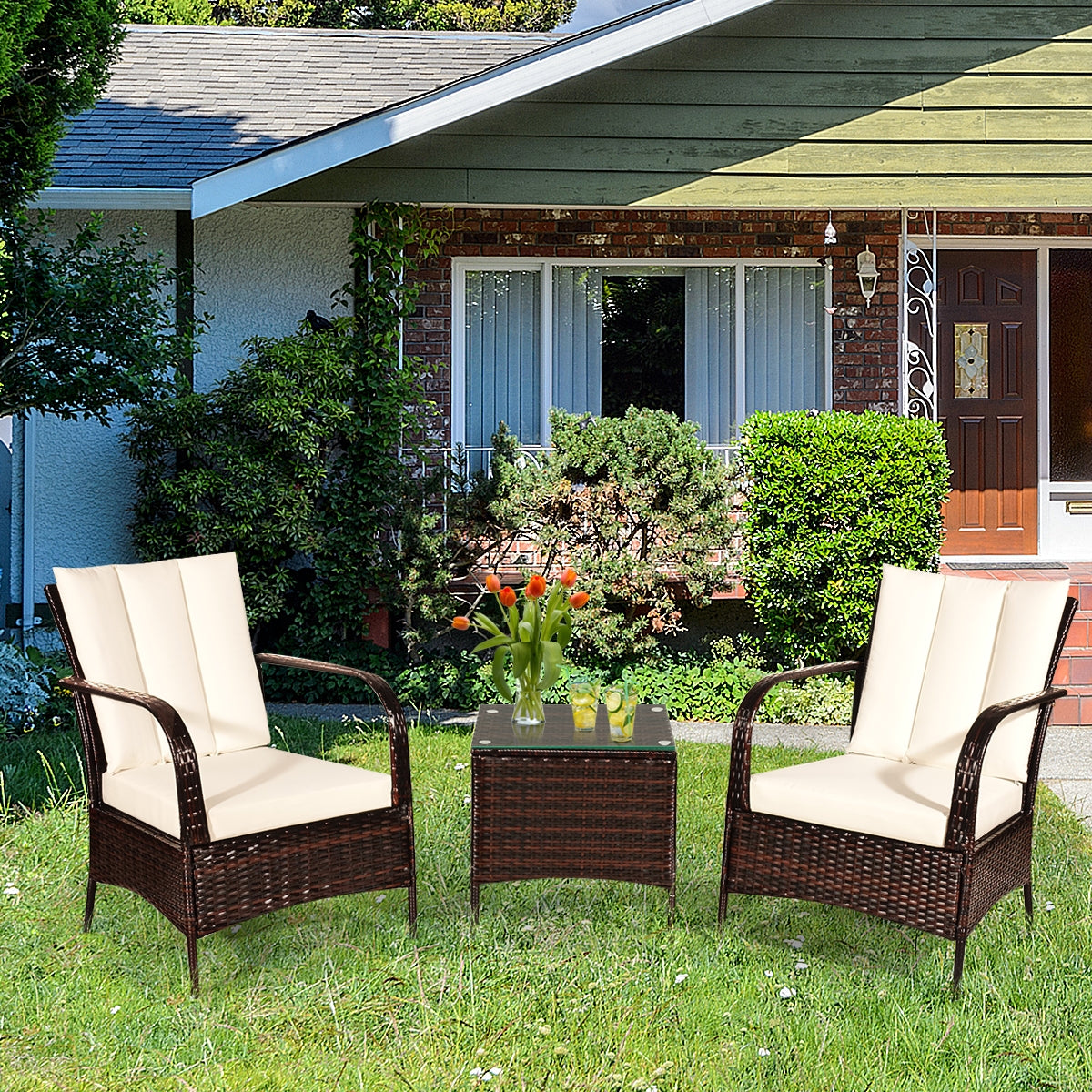 3 Pieces Patio Conversation Rattan Furniture Set with Cushions-WhiteÂ