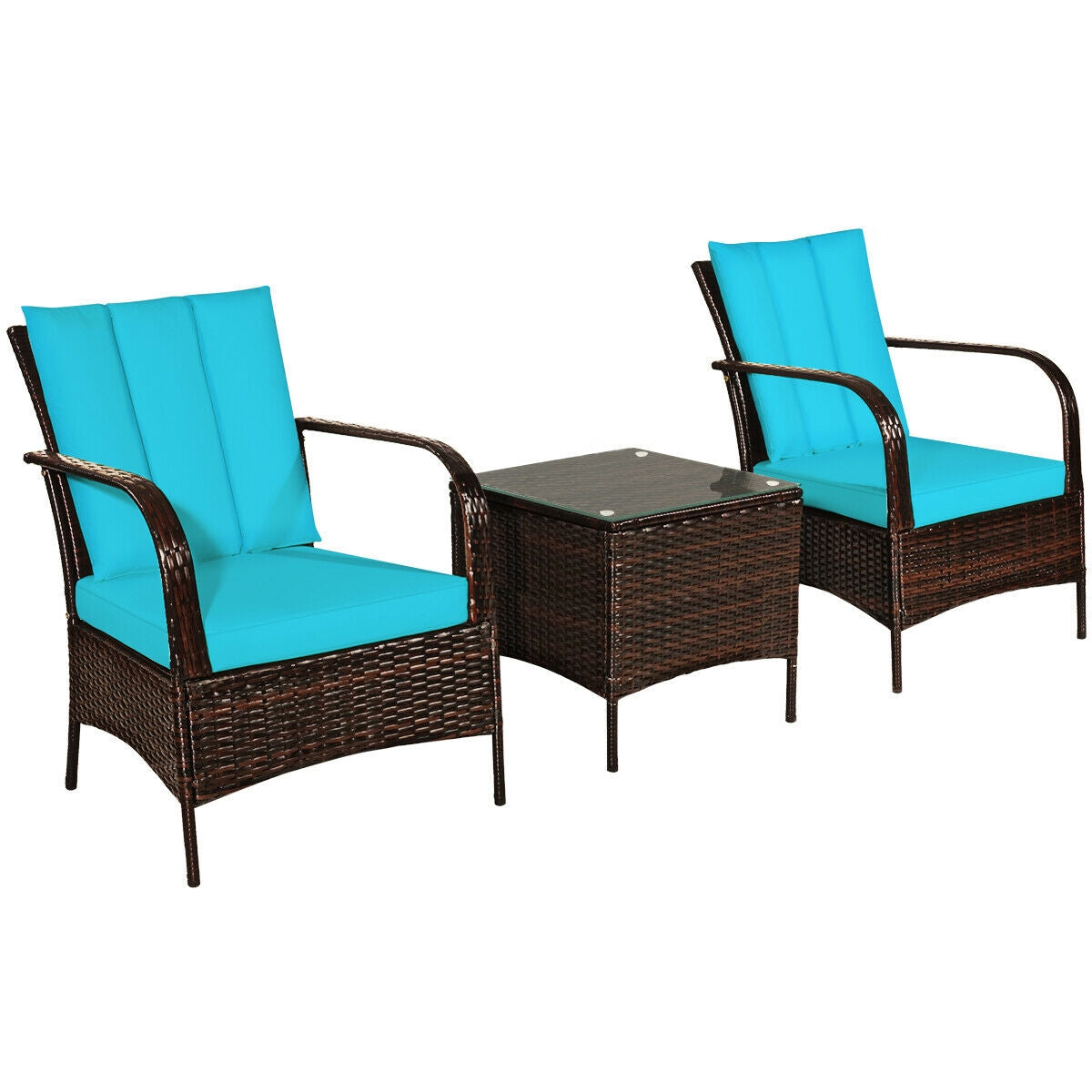 3 Pieces Patio Conversation Rattan Furniture Set with Cushions-TurquoiseÂ