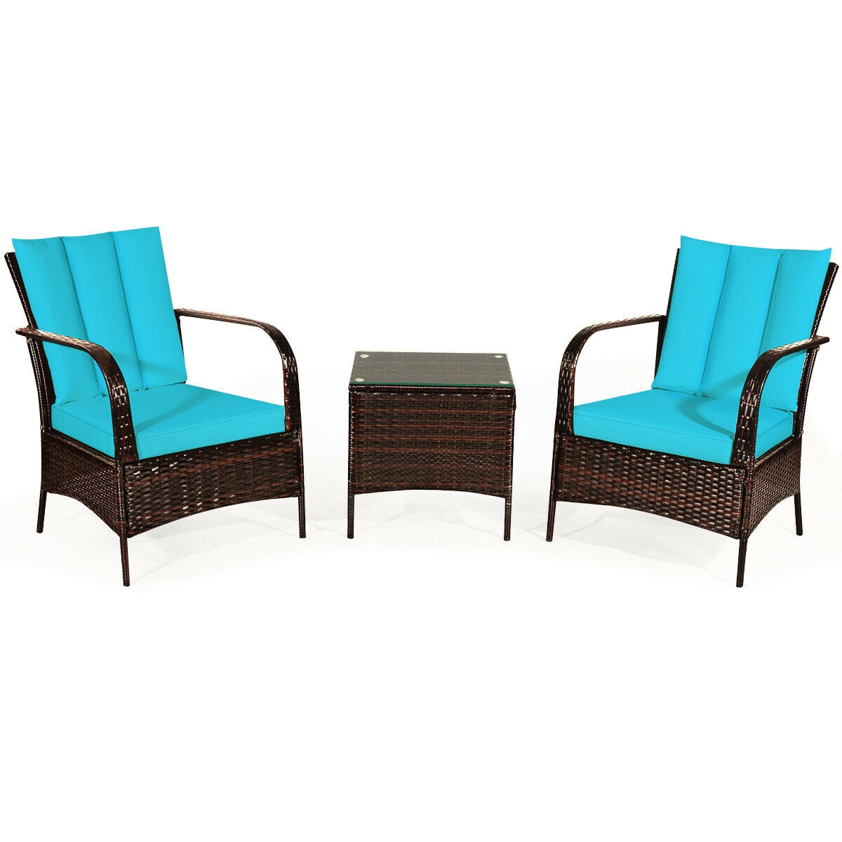 3 Pieces Patio Conversation Rattan Furniture Set with Cushions-TurquoiseÂ