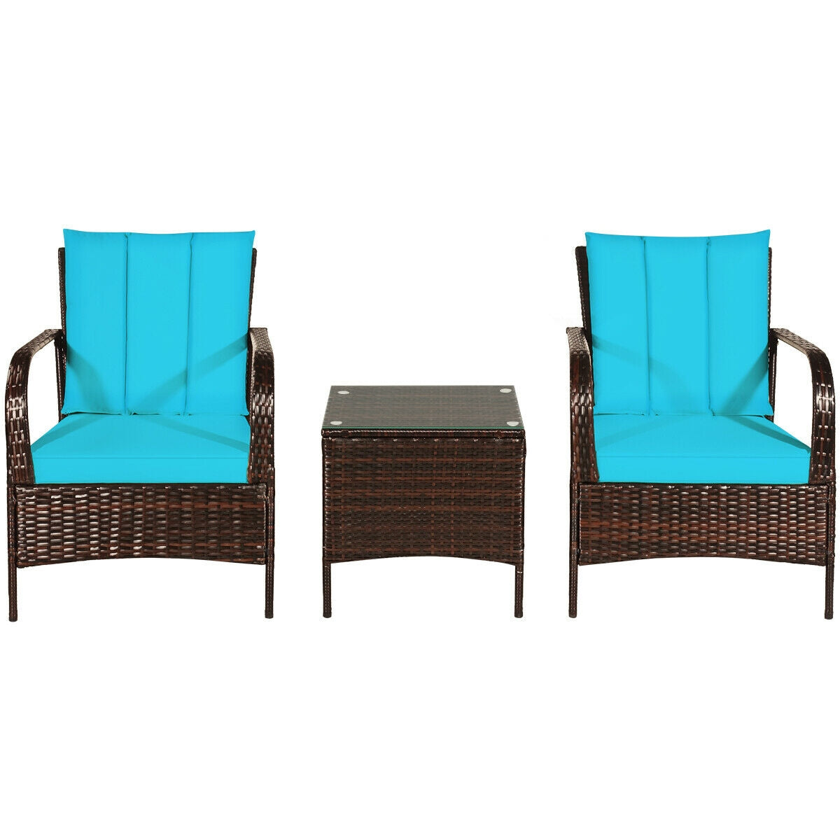 3 Pieces Patio Conversation Rattan Furniture Set with Cushions-TurquoiseÂ