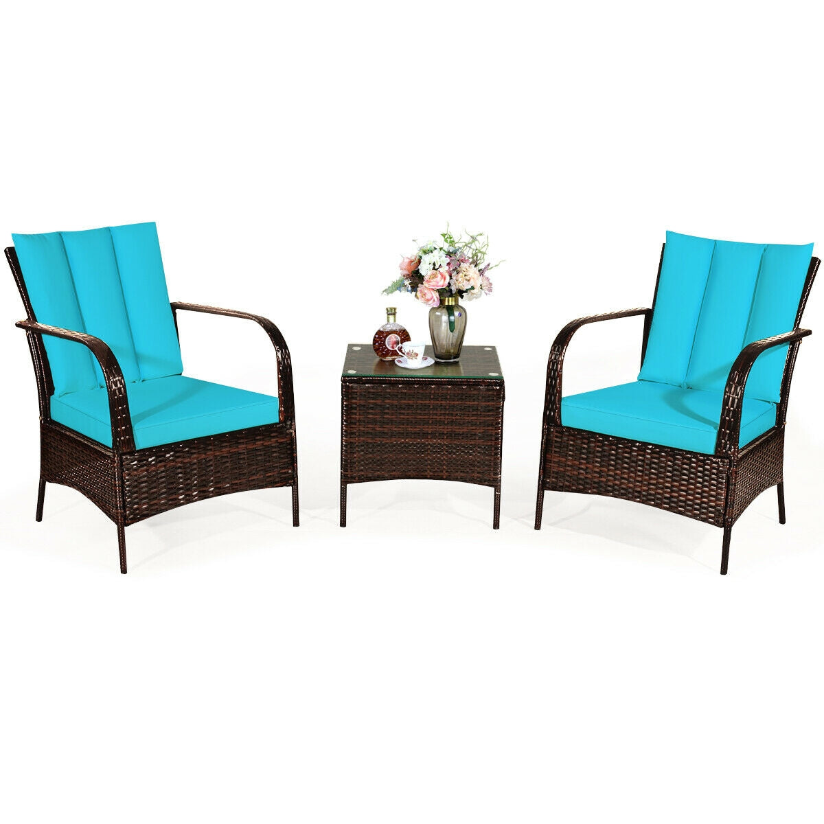 3 Pieces Patio Conversation Rattan Furniture Set with Cushions-TurquoiseÂ