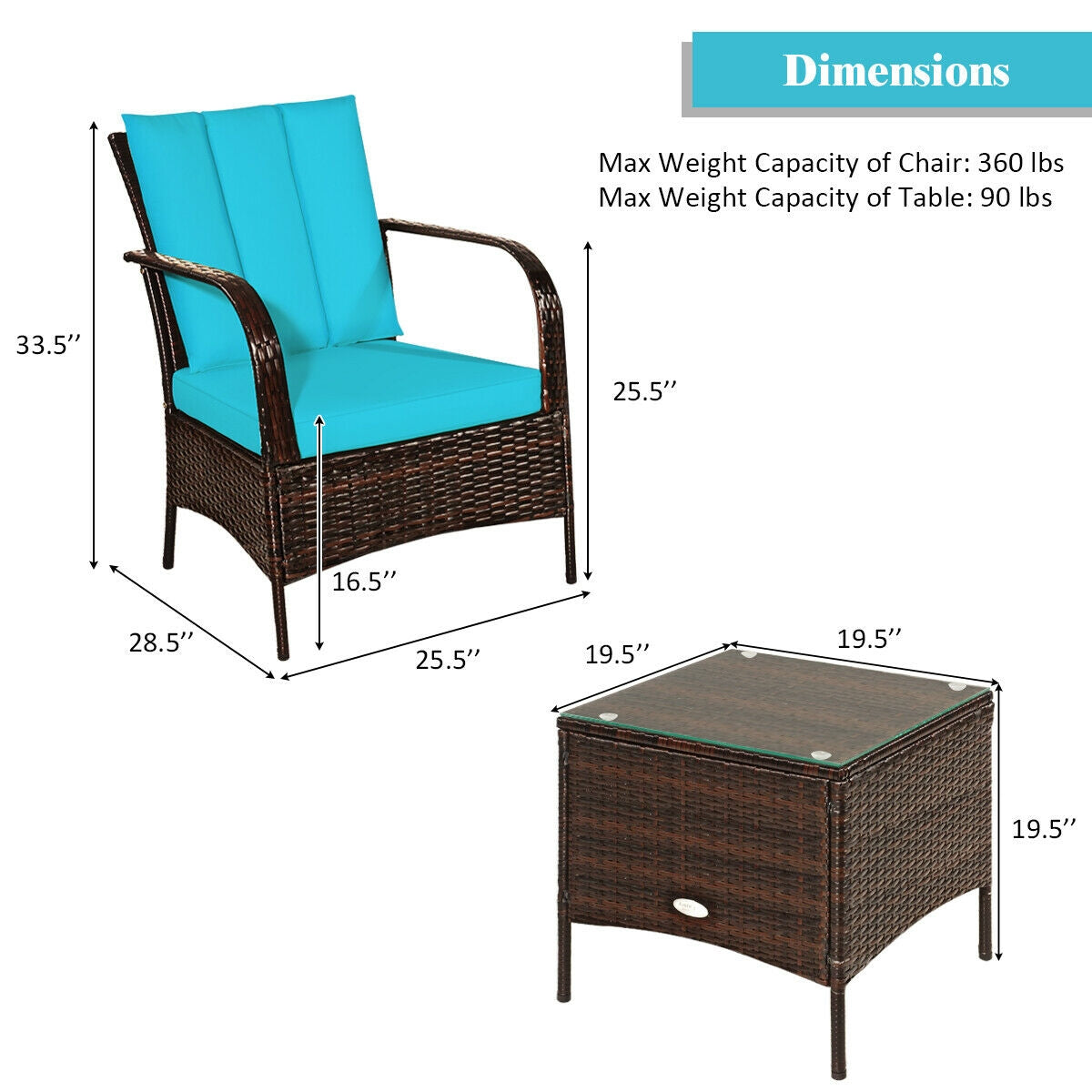 3 Pieces Patio Conversation Rattan Furniture Set with Cushions-TurquoiseÂ