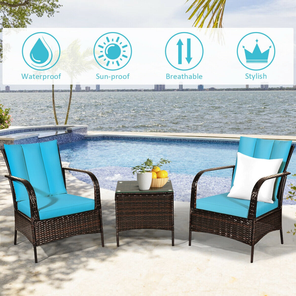 3 Pieces Patio Conversation Rattan Furniture Set with Cushions-TurquoiseÂ