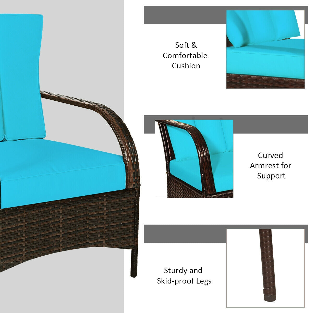 3 Pieces Patio Conversation Rattan Furniture Set with Cushions-TurquoiseÂ