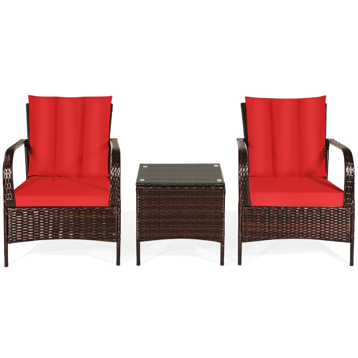 3 Pieces Patio Conversation Rattan Furniture Set with Cushions-RedÂ