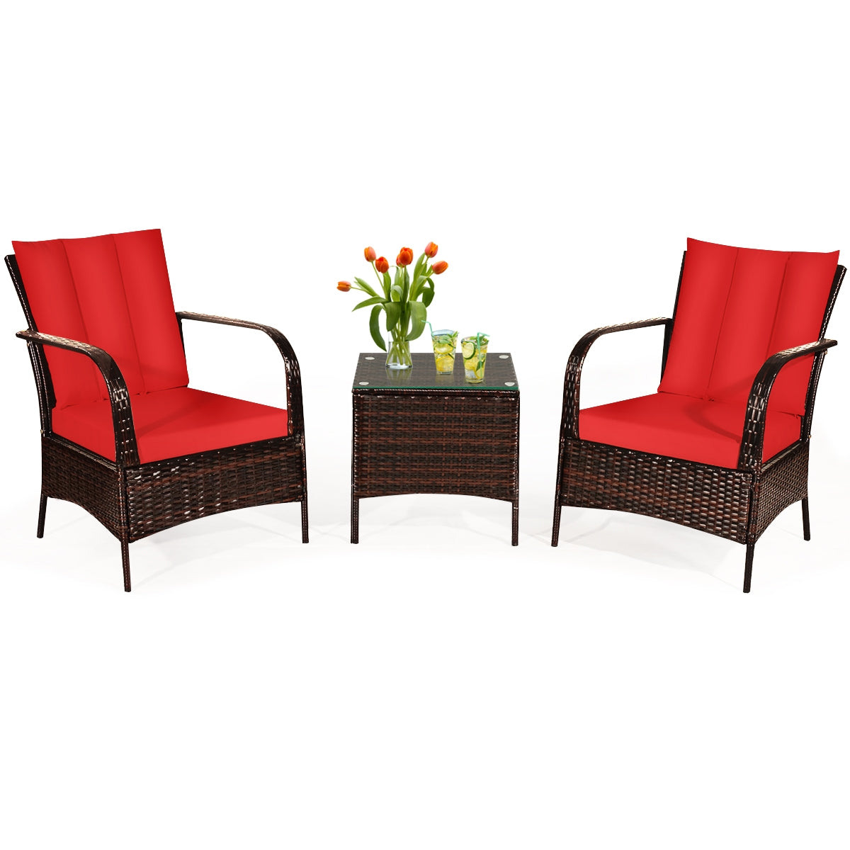 3 Pieces Patio Conversation Rattan Furniture Set with Cushions-RedÂ