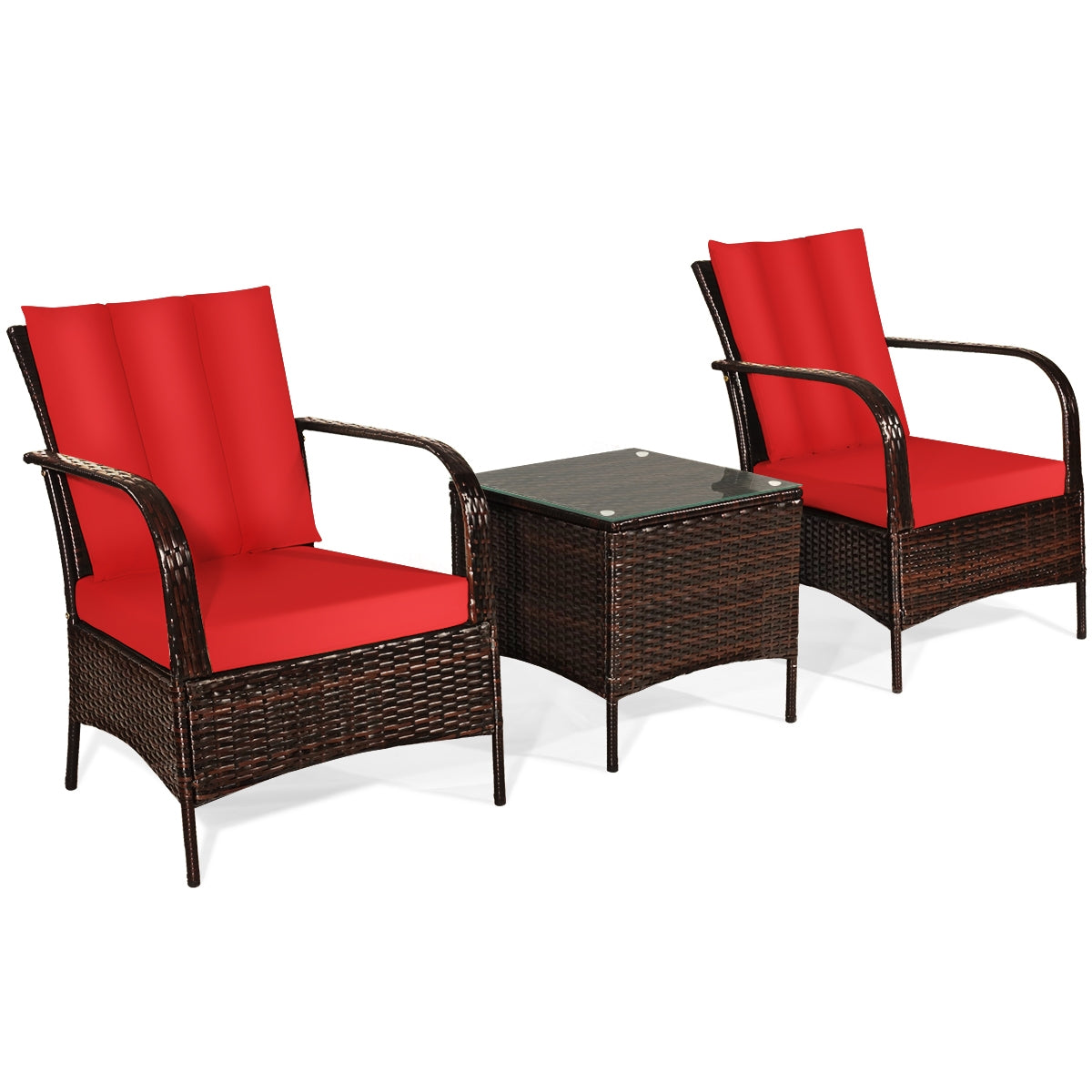 3 Pieces Patio Conversation Rattan Furniture Set with Cushions-RedÂ