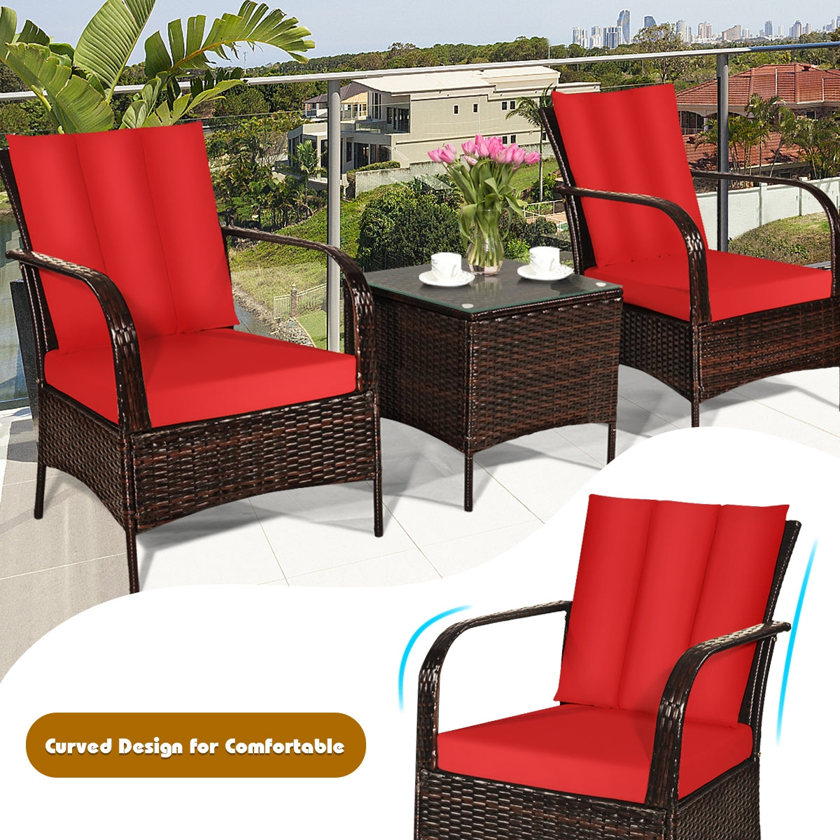 3 Pieces Patio Conversation Rattan Furniture Set with Cushions-RedÂ