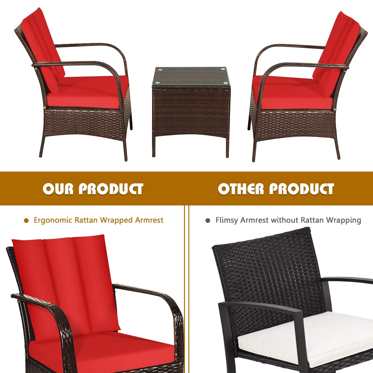 3 Pieces Patio Conversation Rattan Furniture Set with Cushions-RedÂ