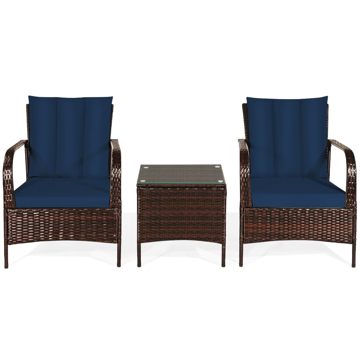3 Pieces Patio Conversation Rattan Furniture Set with Cushions-NavyÂ