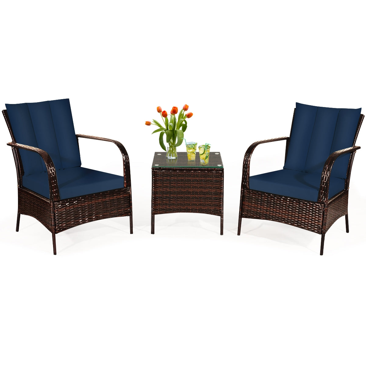 3 Pieces Patio Conversation Rattan Furniture Set with Cushions-NavyÂ