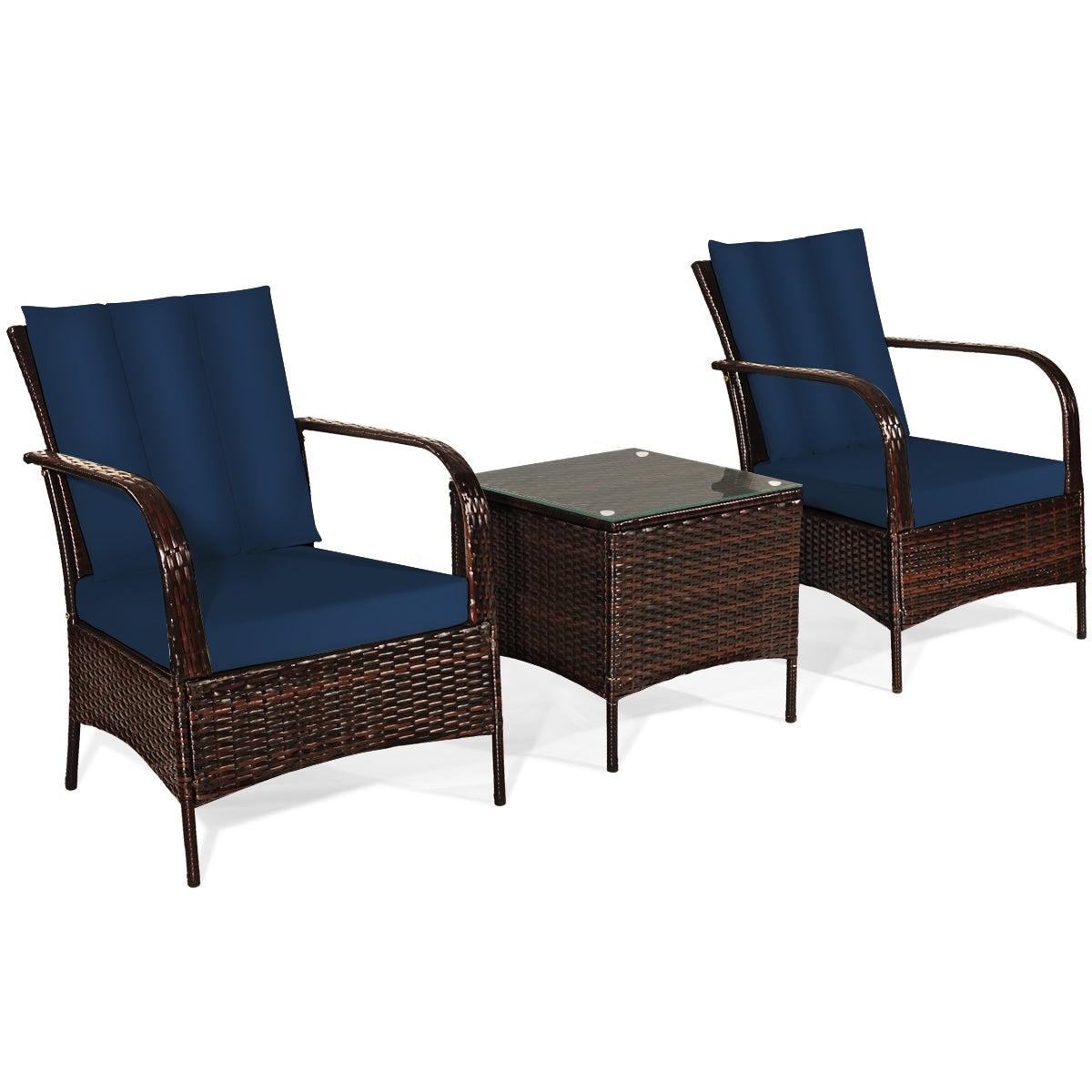 3 Pieces Patio Conversation Rattan Furniture Set with Cushions-NavyÂ