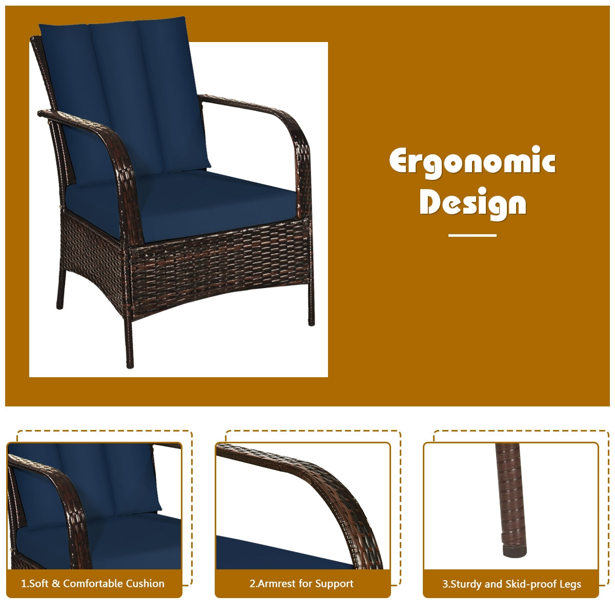 3 Pieces Patio Conversation Rattan Furniture Set with Cushions-NavyÂ