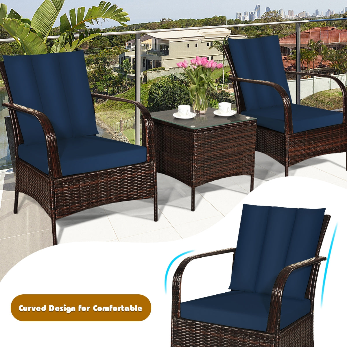 3 Pieces Patio Conversation Rattan Furniture Set with Cushions-NavyÂ
