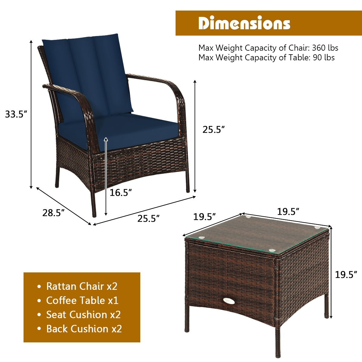 3 Pieces Patio Conversation Rattan Furniture Set with Cushions-NavyÂ