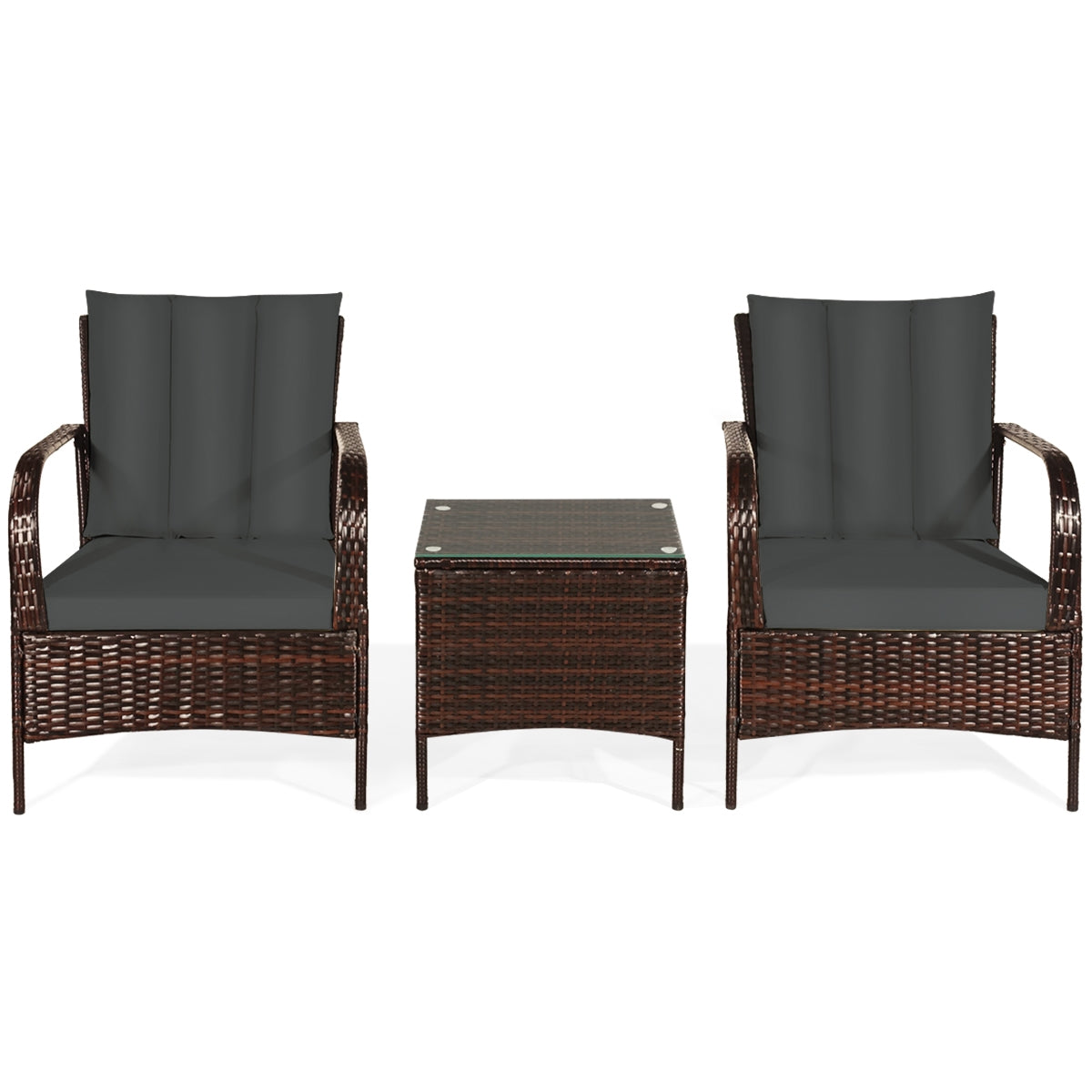 3 Pieces Patio Conversation Rattan Furniture Set with Cushions-GrayÂ