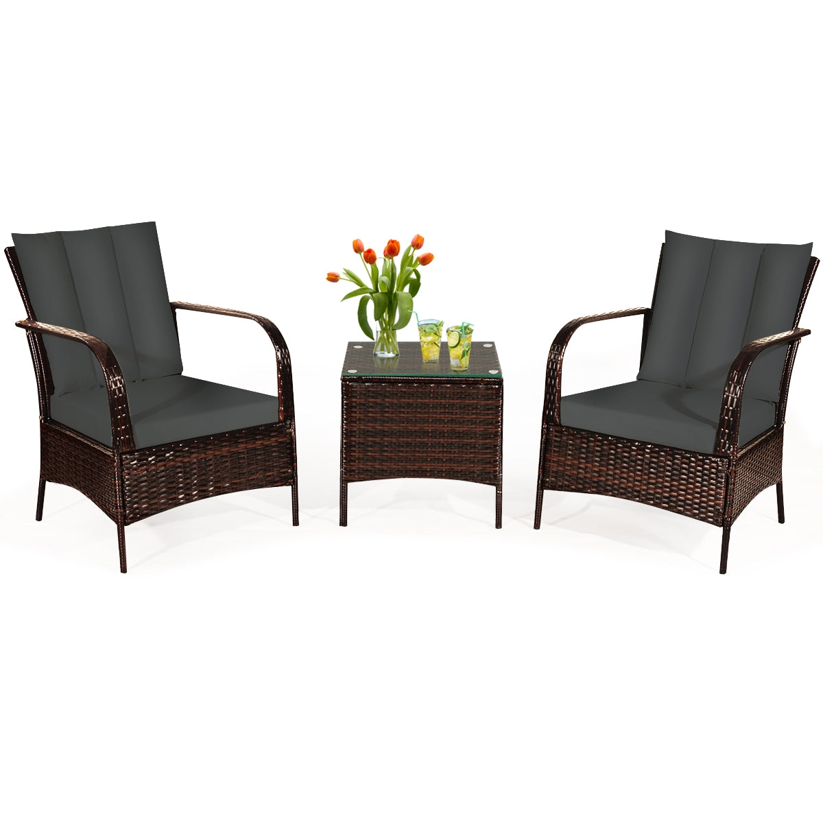 3 Pieces Patio Conversation Rattan Furniture Set with Cushions-GrayÂ